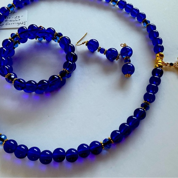 Hand Crafted Pendant Necklace Wrap Bracelet Pierced Earrings Royal Blue Beads - Picture 6 of 16